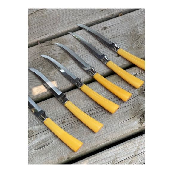 Vintage Bakelight Handle Steak Knife Set x 6 Butterscotch Washington Forge Steel - Picture 10 of 14